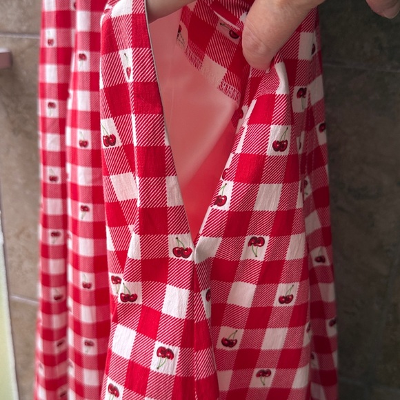Avec Les Filles Red Gingham Cherry Pie Sweetheart Neck Fit & Flare Dress Pockets - Picture 13 of 16